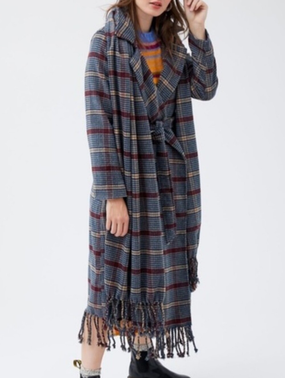 Urban Outfitters Frenchie Checkered Fringe Wrap Coat Boho Fall Casual Sz S